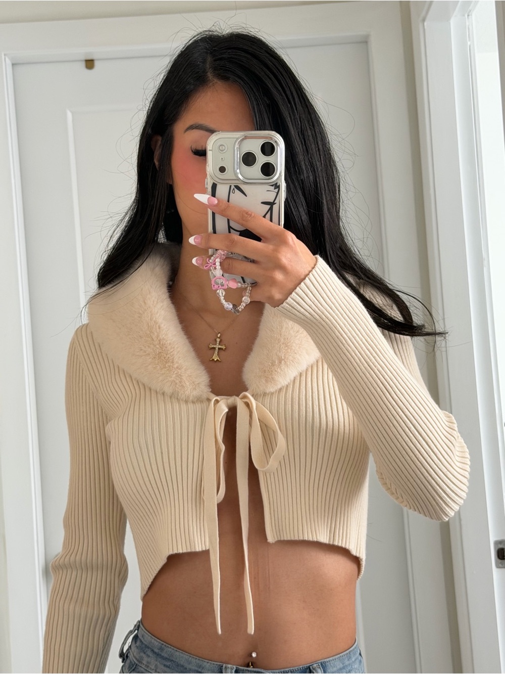 Cream Ribbed Tie-Front Cropped Cardigan with Faux Fur Collar